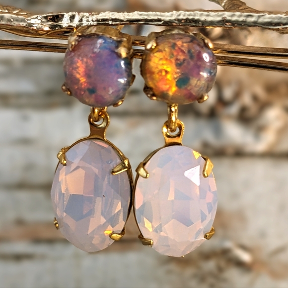 Pink Fire Opal And Swarovski Rosewater In Drop Down Earrings In Gold Plated - Picture 2 of 5